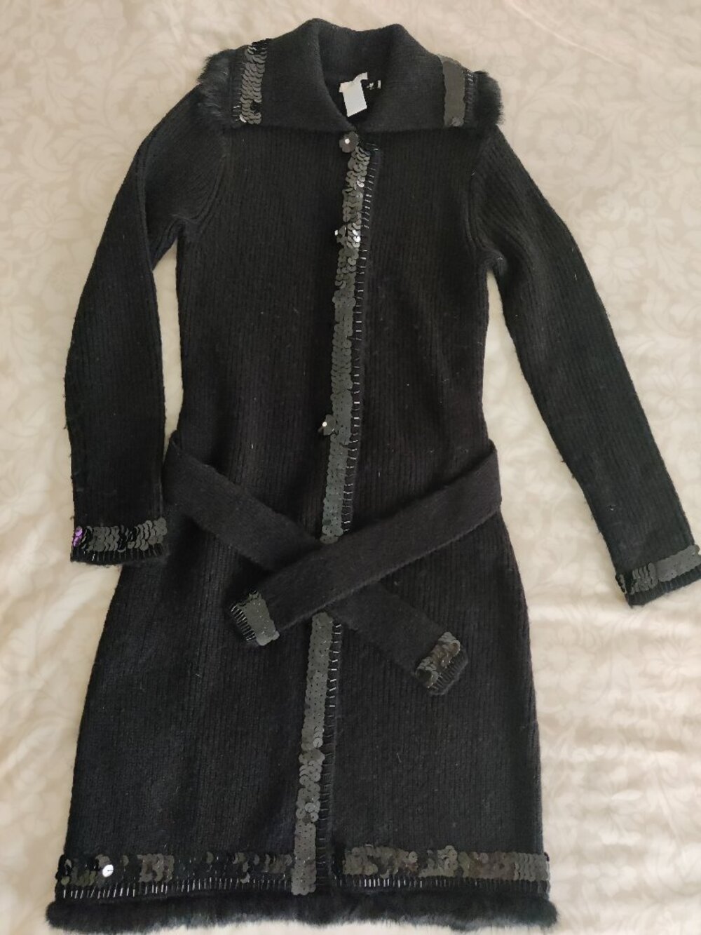 Vintage FROST S Wool Blend Mohair Sequins Sweater Long Cardigan in BLACK